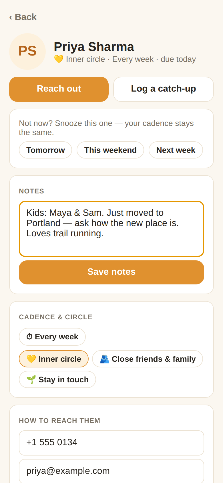Notes and a timeline keep every catch-up warm.