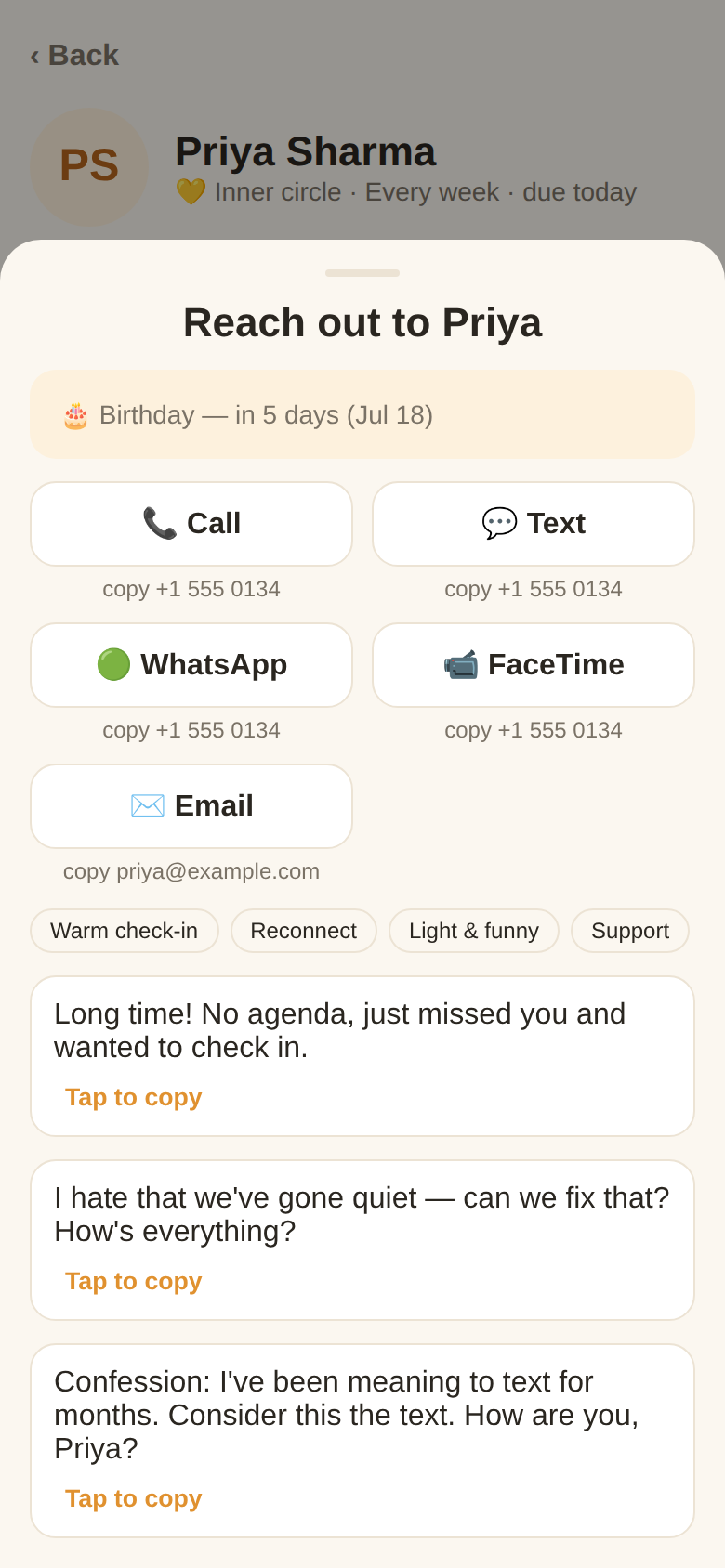 One tap to call or text — with an opener ready to send.